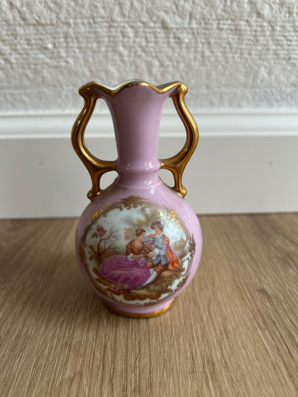 Limoges Pink Porcelain Double-Handled Vase with Gold Trim